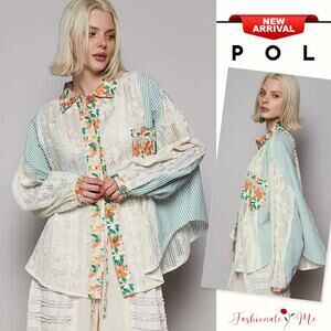 POL Floral & Striped Pattern Lace Detail Long Sleeves Oversized Shirt | Lt Blue